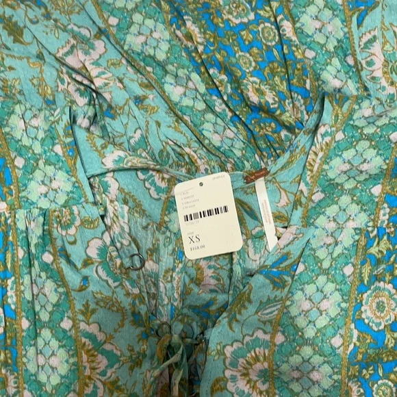 FREE PEOPLE Blue Boho Floral Print Crinkle Maxi Dress Teal Hanalei Bay - Picture 13 of 16